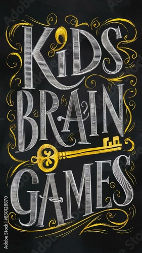 text "Kids brain Games" with golden key on blackboard, text written in elegant script font, with the words kids brain games written below it, book cover design for children's books 