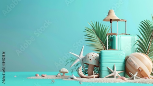 A tropical scene featuring a straw hat, sunglasses, seashells, and plumeria flowers against a vibrant blue background with palm leaves.