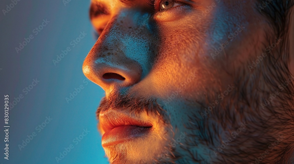 lose-up of a man's smooth face skin, highlighted by bright studio lighting, copy space lose-up of a man's smooth face skin, highlighted by bright studio lighting, copy space