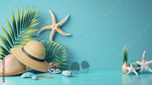 Light blue suitcases, a beach hat, starfish, and seashells on a turquoise background with palm leaves, evoking tropical vacation vibes.