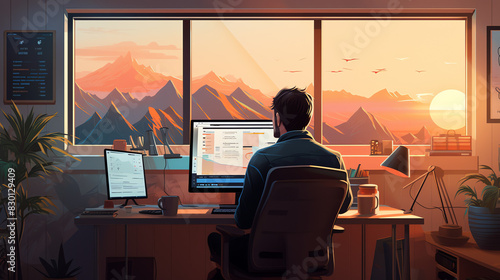 A desk in front of a large window. On the desk is a computer monitor, keyboard, mouse, lamp, and some office supplies. There is a chair behind the desk. The window looks out onto a mountain landscape 