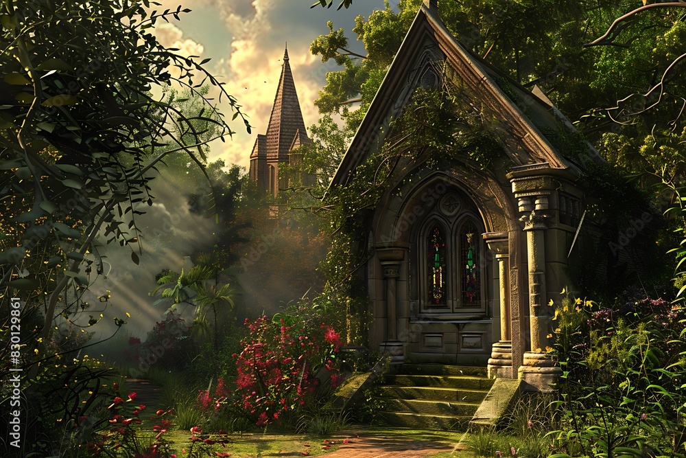 Obraz premium Medieval Fantasy, interior of an ancient stone room with pillars and arches
