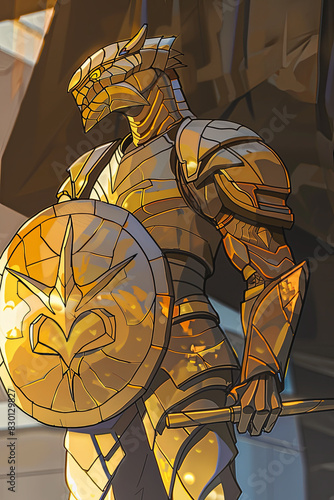 Dragonborn Paladin in Shiny Gold Scales and Silver Armor Gen AI photo