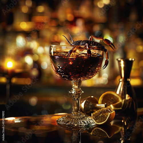 Wallpaper Mural A cocktail garnished with an edible scorpion, in a luxurious bar setting, highlighting the novelty and elegance of the drink, with a dark and sophisticated mood Torontodigital.ca