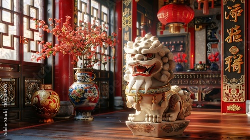 Chinese Lion Statue in Courtyard with Traditional Architecture