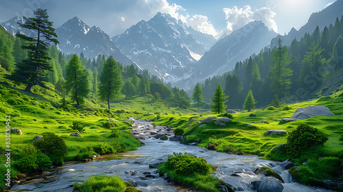 serene image of Rama Valley lush green forest alpine meadow surrounded towering peak of Himalayas Northern Pakistan valley's tranquil beauty pristine wilderness offer peaceful retreat hiker camper nat