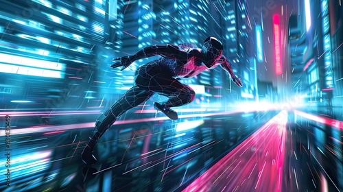 An athlete with a prosthetic limb running in a neon-lit cityscape, Futuristic, Cyberpunk, Dynamic lighting