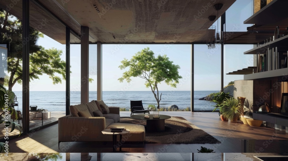 Fototapeta premium Minimalist small house plan with clean lines and a coastal backdrop