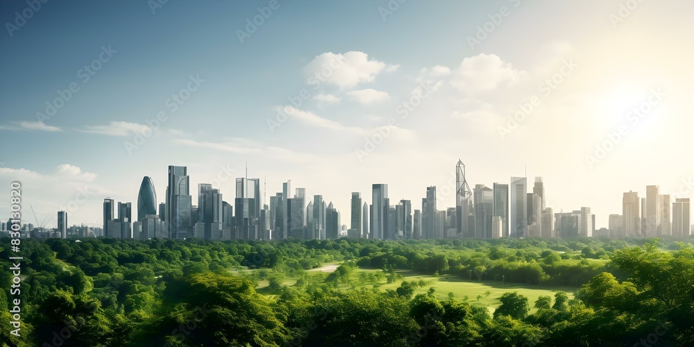 Modern sustainable city with highrise skyscrapers surrounded by lush green parks. Concept Urban Development, Sustainability, High-rise Buildings, Green Spaces, Modern Architecture