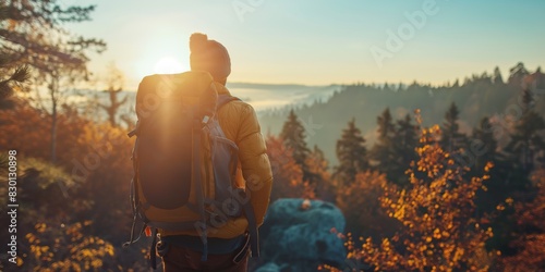 a man hiking on nature trail woodlands in autumn with sunlight and peaceful scenery