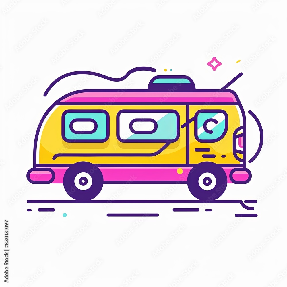 A yellow and pink bus with a pink roof
