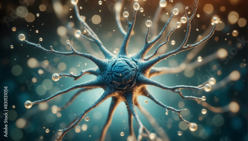 3D illustration of a neuron cell with extended dendrites surrounded by neurotransmitter molecules photo