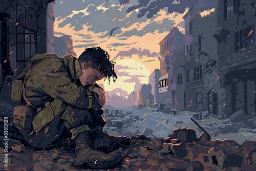 Solemnly Mourning Soldier in Ruined Cityscape of Wartime Desolation and Sorrowful Remembrance © Humoresque