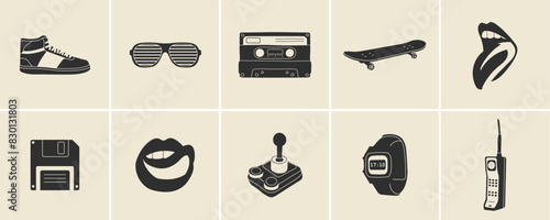 Classic 80s 90s elements in flat line style. Hand drawn vector illustration: skate board, cassette, sneaker, sunglasses, mouth with tongue, floppy disk, watches, phone. Fashion patch, badge, emblem.	
