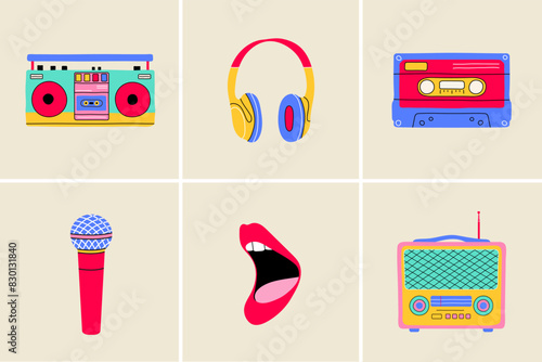 Classic 80s 90s music elements in flat line style. Hand drawn vector illustration: recorder, boom box, cassette, headphones, microphone, open singing mouth, radio. 
