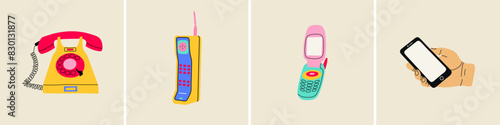 Evolution of phones. Vintage, retro and modern phones, flat line style illustration. Hand drawn graphic technology elements.
