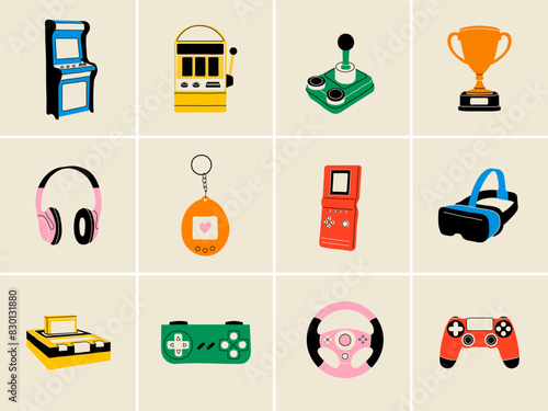 Gaming modern and retro elements in flat line style. Hand drawn vector illustration: Headphones, Game Console, Controller, Slot and Arcade Machine, Logic Game, Joystick, VR glasses, Wheel, Trophy Cup	
