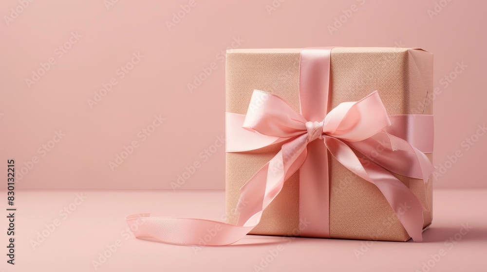 A beautifully wrapped gift box with a satin ribbon, positioned at the golden ratio point in front of a soft pastel pink background A beautifully wrapped gift box with a satin ribbon, positioned at the golden ratio point in front of a soft pastel pink background