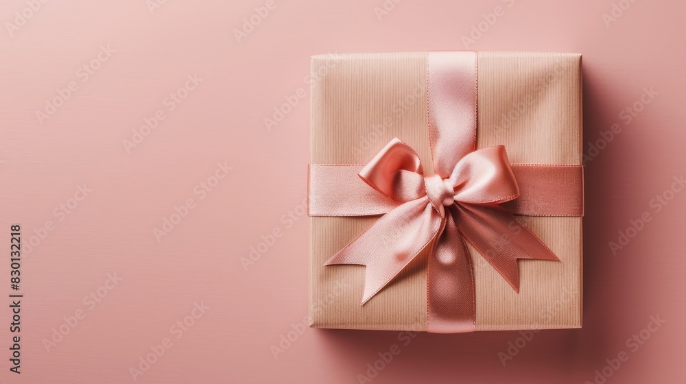 A beautifully wrapped gift box with a satin ribbon, positioned at the golden ratio point in front of a soft pastel pink background A beautifully wrapped gift box with a satin ribbon, positioned at the golden ratio point in front of a soft pastel pink background