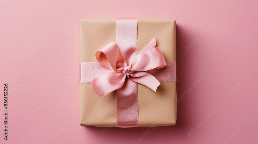 A beautifully wrapped gift box with a satin ribbon, positioned at the golden ratio point in front of a soft pastel pink background A beautifully wrapped gift box with a satin ribbon, positioned at the golden ratio point in front of a soft pastel pink background
