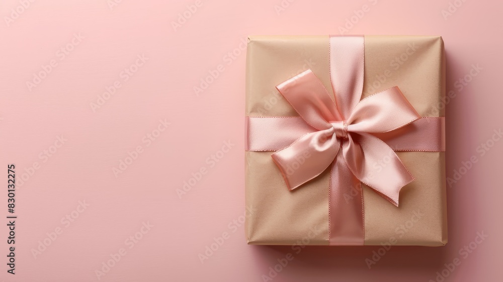 A beautifully wrapped gift box with a satin ribbon, positioned at the golden ratio point in front of a soft pastel pink background A beautifully wrapped gift box with a satin ribbon, positioned at the golden ratio point in front of a soft pastel pink background