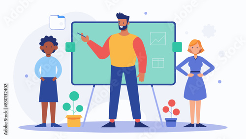 A workshop leader standing in front of a whiteboard drawing diagrams to explain societal constructs of masculinity and how they impact body image.. Vector illustration