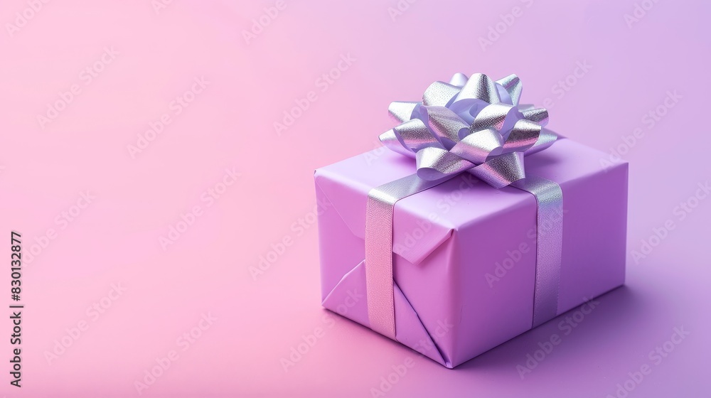 A small pastel purple gift box with a silver bow, perfectly placed at the golden ratio point on a soft pastel gradient background A small pastel purple gift box with a silver bow, perfectly placed at the golden ratio point on a soft pastel gradient background