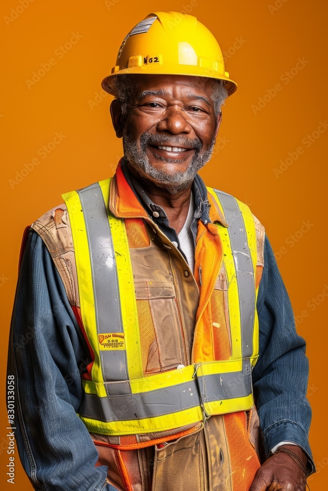 Elderly African American in 60s with a joyful smile, short gray hair, dressed in a construction worker's uniform with a hard hat Elderly African American in 60s with a joyful smile, short gray hair, dressed in a construction worker's uniform with a hard hat