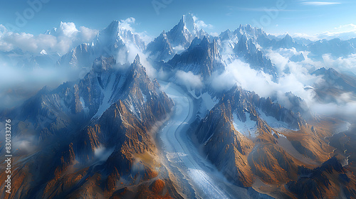 aweinspiring image of Baltoro Glacier winding way through heart of Karakoram Range towering peak of K2 Broad Peak rising majestically distance glacier's icy expanse jagged peak create landscape of unp photo