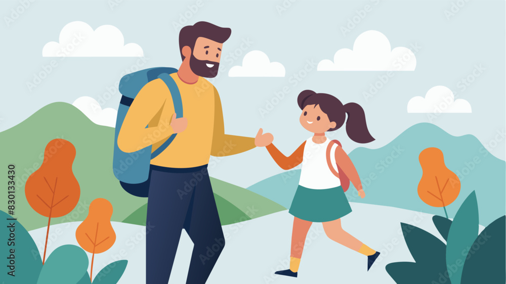 A father and daughter going for a hike with the father reminding his daughter to appreciate and take care of her body instead of constantly comparing it to others.. Vector illustration