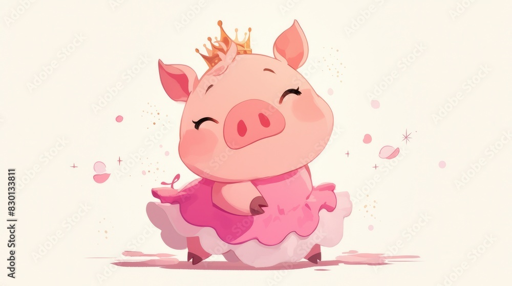 An adorable illustration of a pig wearing a pink dress depicted in a 2d format against a white backdrop An adorable illustration of a pig wearing a pink dress depicted in a 2d format against a white backdrop