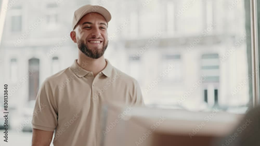 A friendly delivery man in a cap smiling as he hands over a package to a customer, capturing a moment of good service.