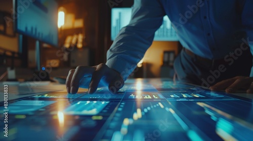 Finance manager reviewing financial charts, close up, detailed analysis, dynamic, Double exposure, executive desk backdrop
