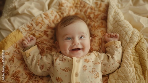 Smiling baby lying on a soft, warm-colored bedspread, reaching out with tiny hands. The scene captures a moment of pure joy and warmth.