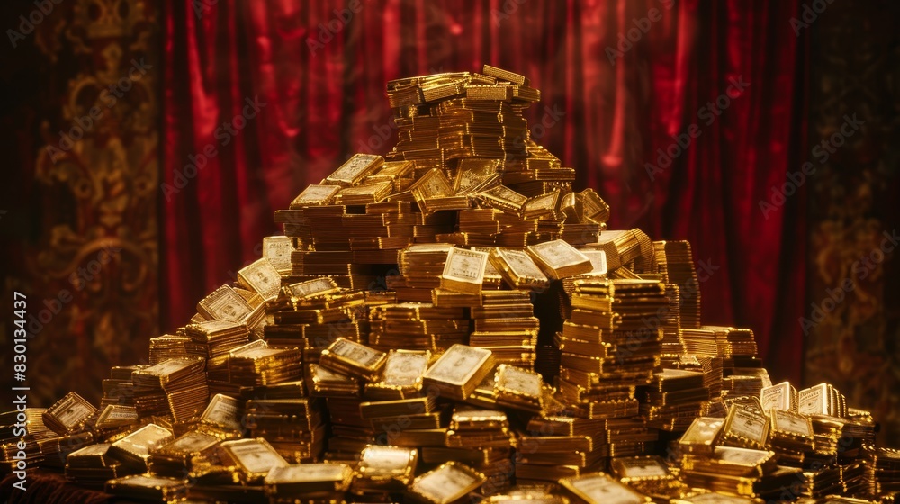 Towering pile of gold dollars stacked high, luxurious velvet background, rich and opulent ambiance, gleaming wealth Towering pile of gold dollars stacked high, luxurious velvet background, rich and opulent ambiance, gleaming wealth