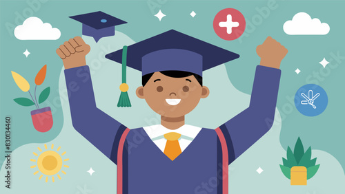 A student proudly holding up their custommade graduation cap adorned with symbols and quotes that hold personal significance to them.. Vector illustration