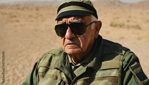 photo of older commander soldier in combat armor outfit on mission scene , generative AI