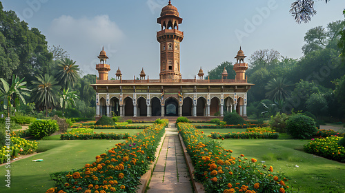 aweinspiring image of Hiran Minar towering tower picturesque pavilion surrounded lush green garden Sheikhupura Punjab Mughalera monument built 17th century testament Pakistan's rich architectural heri photo