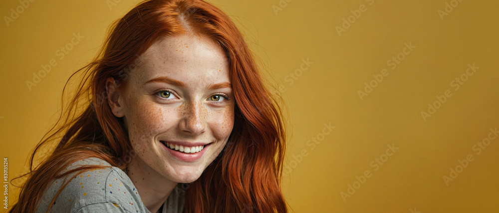 Young, beautiful smiling girl with red hair and freckles, isolated on yellow background. First floor. Young, beautiful smiling girl with red hair and freckles, isolated on yellow background. First floor.