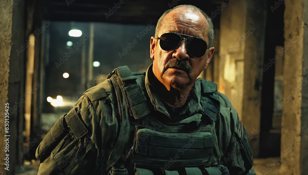 photo of older commander soldier in combat armor outfit on mission scene night , generative AI photo of older commander soldier in combat armor outfit on mission scene night , generative AI