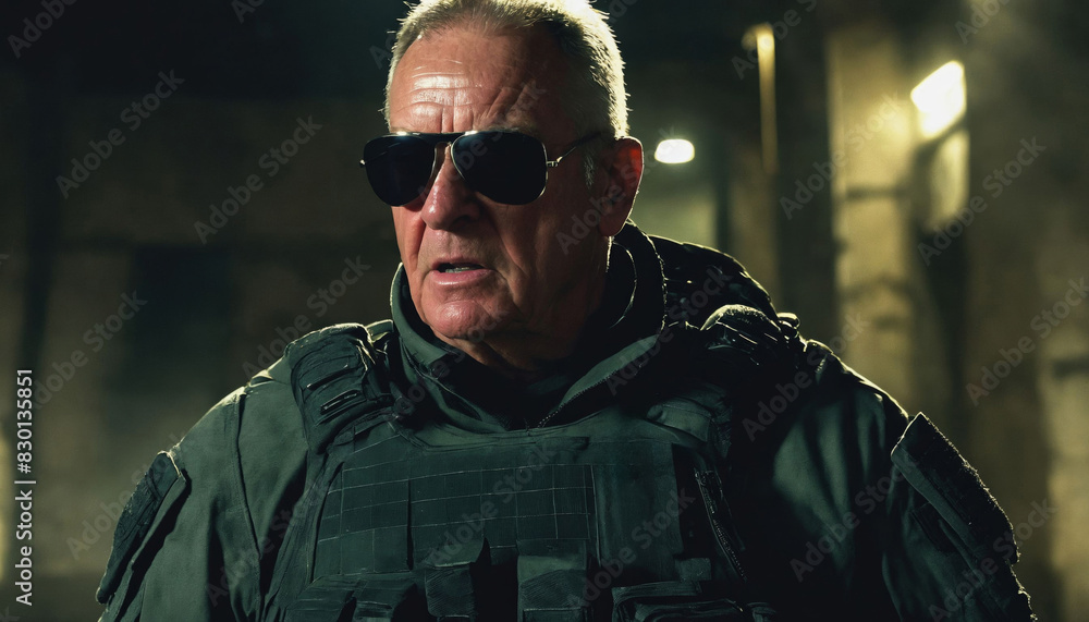 Fototapeta premium photo of older commander soldier in combat armor outfit on mission scene night , generative AI