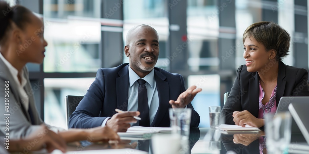 A diverse group of professionals in a business meeting, engaging in a lively discussion in a modern office setting. A diverse group of professionals in a business meeting, engaging in a lively discussion in a modern office setting.