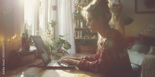 Wallpaper Mural A young woman with glasses working from home on a laptop, with sunlight streaming in through the window, creating a serene atmosphere. Torontodigital.ca