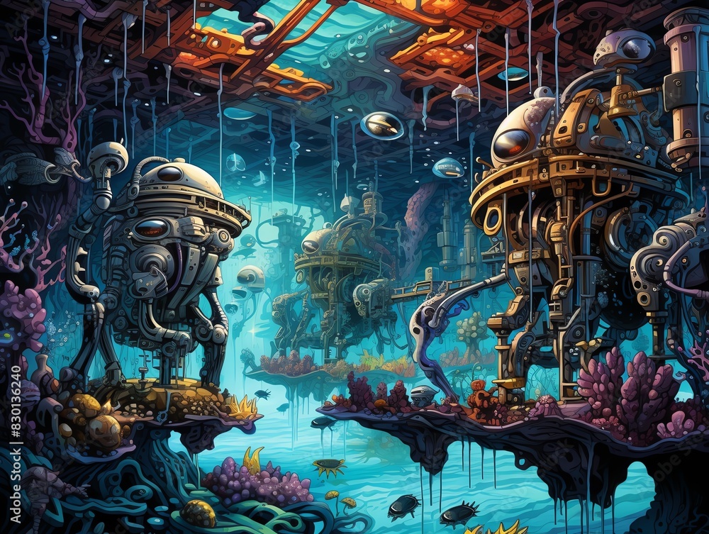 An oil painting depicting an otherworldly robotic dance party beneath the waves Emphasize the contrast between the mechanical robots and the organic underwater environment