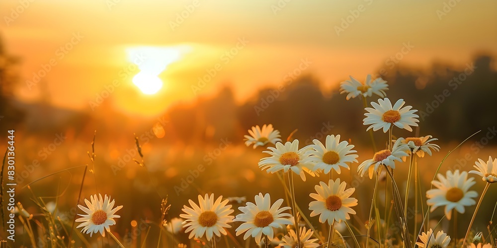 Daisies Blossoming in a Sunlit Field at Dusk During Sunset. Concept Flower Photography, Nature Landscapes, Sunset Lighting Daisies Blossoming in a Sunlit Field at Dusk During Sunset. Concept Flower Photography, Nature Landscapes, Sunset Lighting