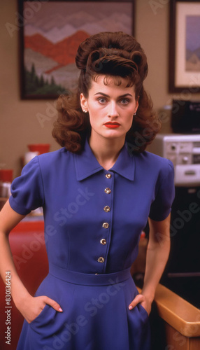 photo of beautiful woman in restro hair and retro costume in t.v. series, generative AI photo