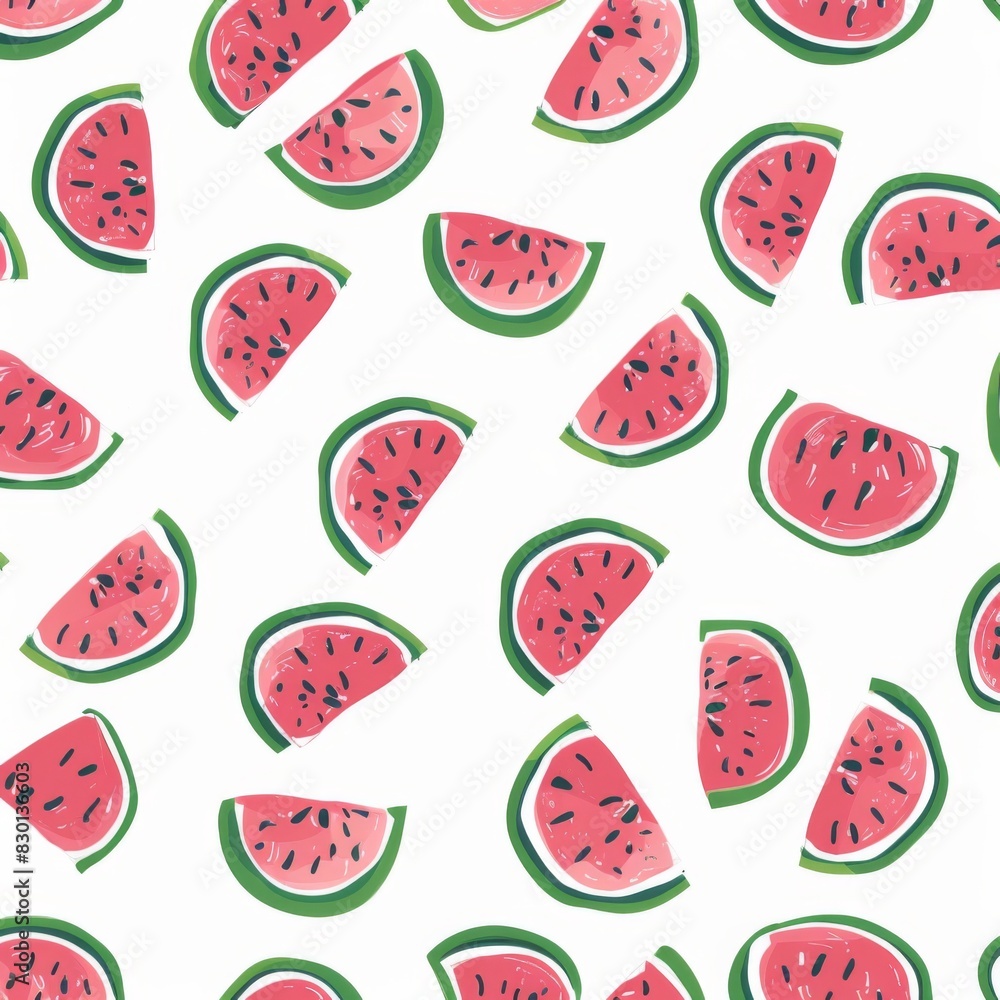 Cute Pastel Colour Watermelon Pattern White Background l Juicy Red Sliced Fruit Design Wallpaper l Fresh and Sweet Ananas Dessert Summer Print l Tropical Image Illustration