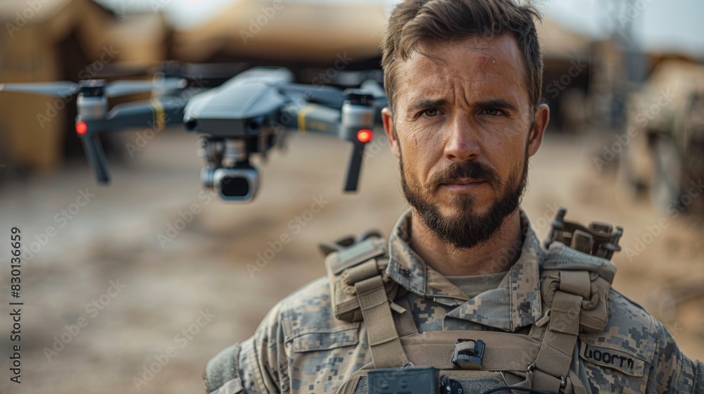 Caucasian military man in uniform drone operator holding a drone in his hands while on a military operation Caucasian military man in uniform drone operator holding a drone in his hands while on a military operation