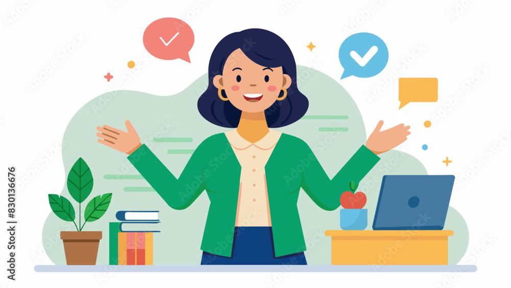 As she introduced herself the new teacher shared her passion for incorporating interactive and handson learning experiences exciting her students for the lessons to come.. Vector illustration As she introduced herself the new teacher shared her passion for incorporating interactive and handson learning experiences exciting her students for the lessons to come.. Vector illustration