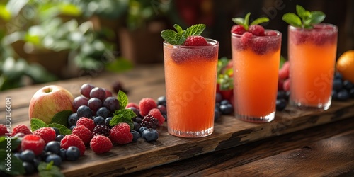 Wallpaper Mural glasses of refresh mocktail mix fruit punch juice with fresh berries, raspberry, blueberry, apple, grape, wooden table with greenery atmosphere garden Torontodigital.ca